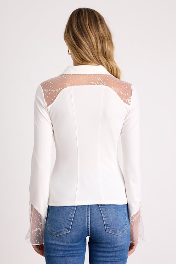 Ivory Button-Up Top - Collared Top - Sheer Embroidered Panel Top - Image 3