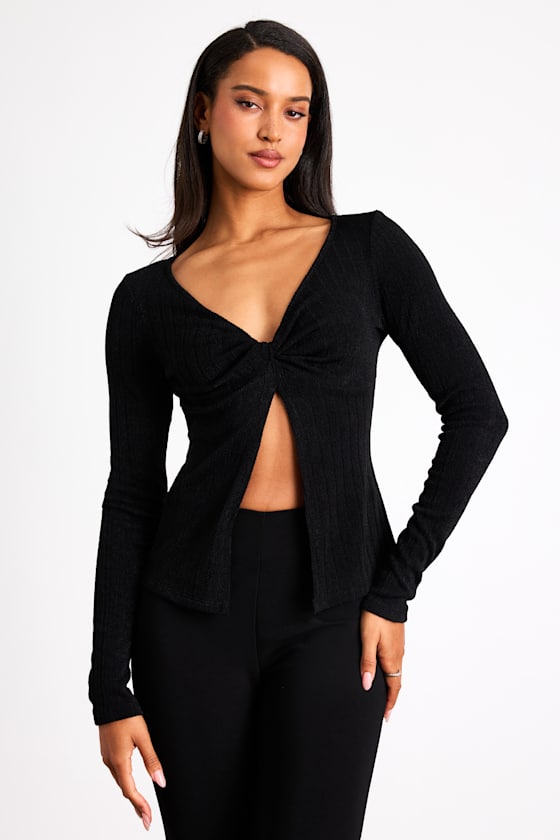 Black Ribbed Top - Twist-Front Top - Long Sleeve Front Slit Top