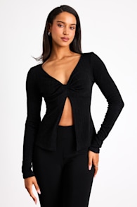 Myron Black Ribbed Knit Twist-Front Long Sleeve Top 1