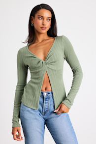Myron Sage Ribbed Knit Twist-Front Long Sleeve Top 1