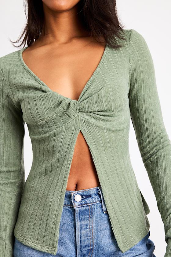 Myron Sage Ribbed Knit Twist-Front Long Sleeve Top 2