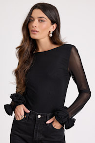 Vassana Black Mesh Cowl Back Long Sleeve Top 1