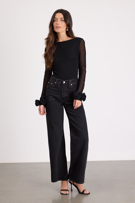 Black Mesh Top - Cowl Back Mesh Top - Rosette Cuff Top - Mesh Top - Image 3