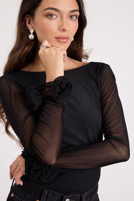 Black Mesh Top - Cowl Back Mesh Top - Rosette Cuff Top - Mesh Top - Image 4