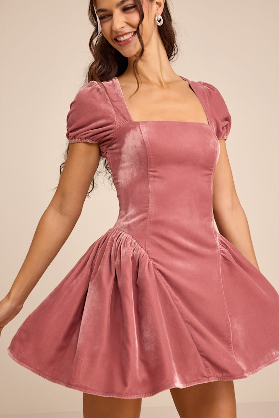 Louisa Pink Velvet Puff Sleeve Mini Dress 1