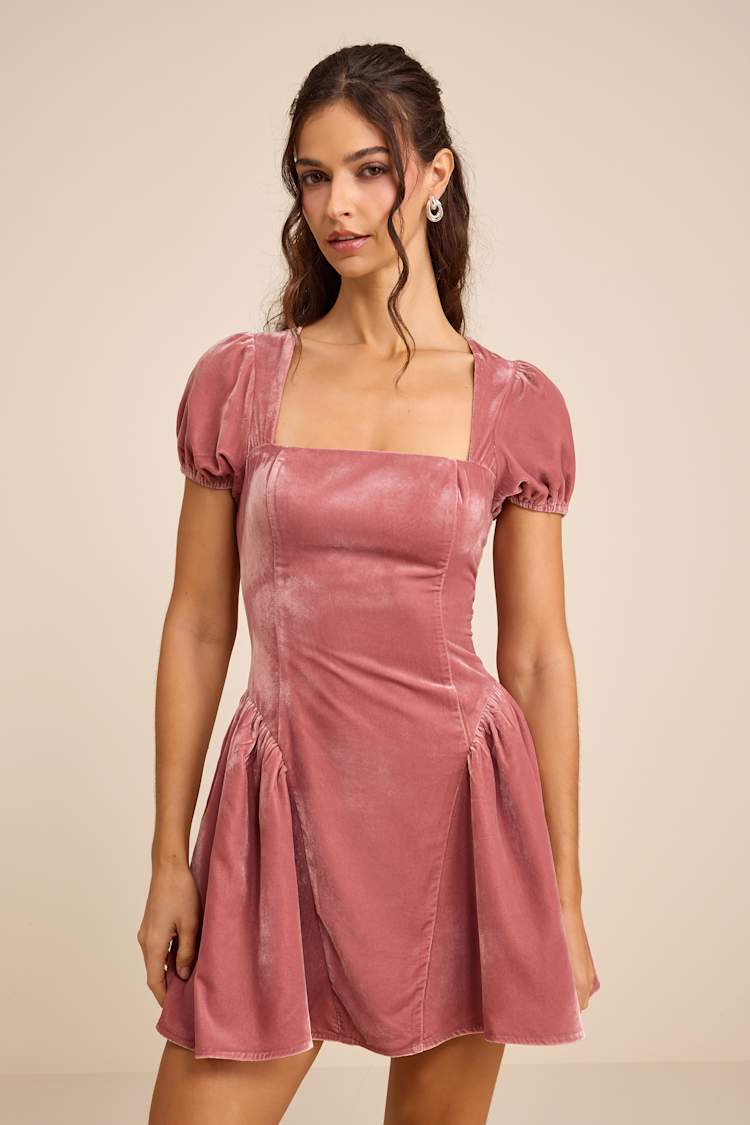 Lulus | Pink Velvet Puff Sleeve Mini Dress | Womens | Large (Available in XS, S, M, XL) | 100% Polyester