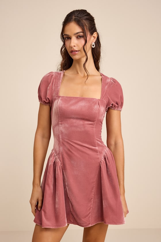 Louisa Pink Velvet Puff Sleeve Mini Dress 2
