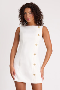 Paedyn White Boat Neck Side-Button Mini Dress 1