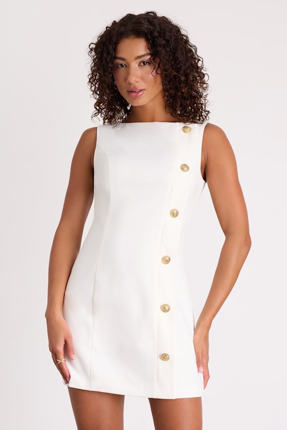 Paedyn White Boat Neck Side-Button Mini Dress 1