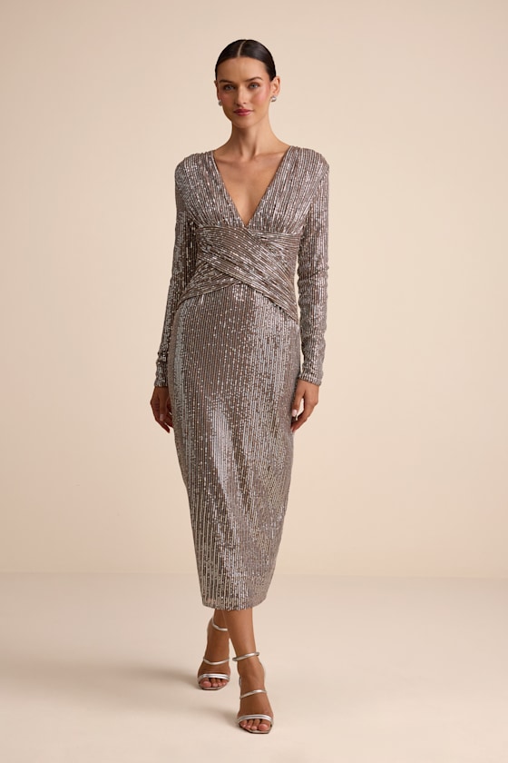 Brown and Silver Sequin Long Sleeve Midi Dress | Womens | Small (Available in XS, M) | Polyester/Spandex | Lulus