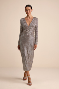 Helena Brown and Silver Sequin Long Sleeve Midi Dress 1