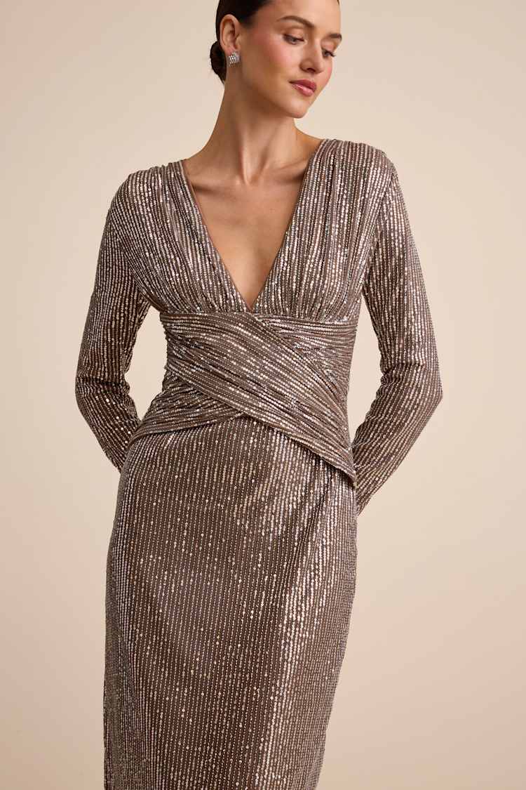 chinese dress ladies Steve Madden Hailee Sequin Midi Dress Brown / M