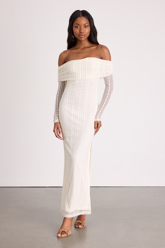 Cream Lace Maxi Dress - OTS Maxi Dress - Long Sleeve Lace Dress