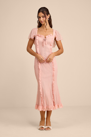 dusty pink bardot lace frill sleeve midi dress Pink Off-Shoulder Eyelet Midi Dress with Ruffle Sleeves