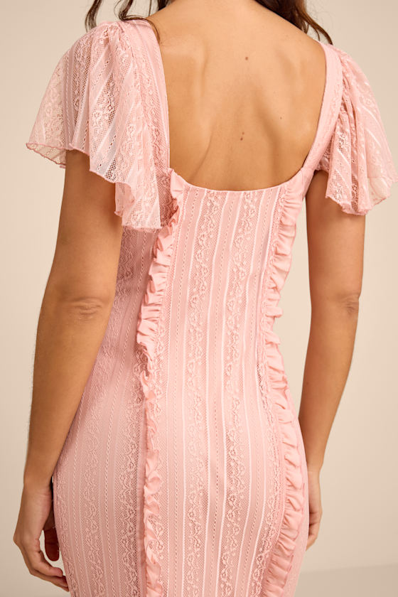 Aviara Light Pink Lace Ruffled Flutter Sleeve Midi Dress 5