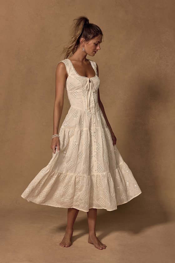 Lulus | White Antionette Cream Embroidered Sequin Button-Front Midi Dress | Womens | X-Large | 100% Polyester Lulus | White Antionette Cream Embroidered Sequin Button-Front Midi Dress | Womens | X-Large | 100% Polyester