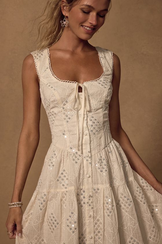 Antionette Cream Embroidered Sequin Button-Front Midi Dress 3