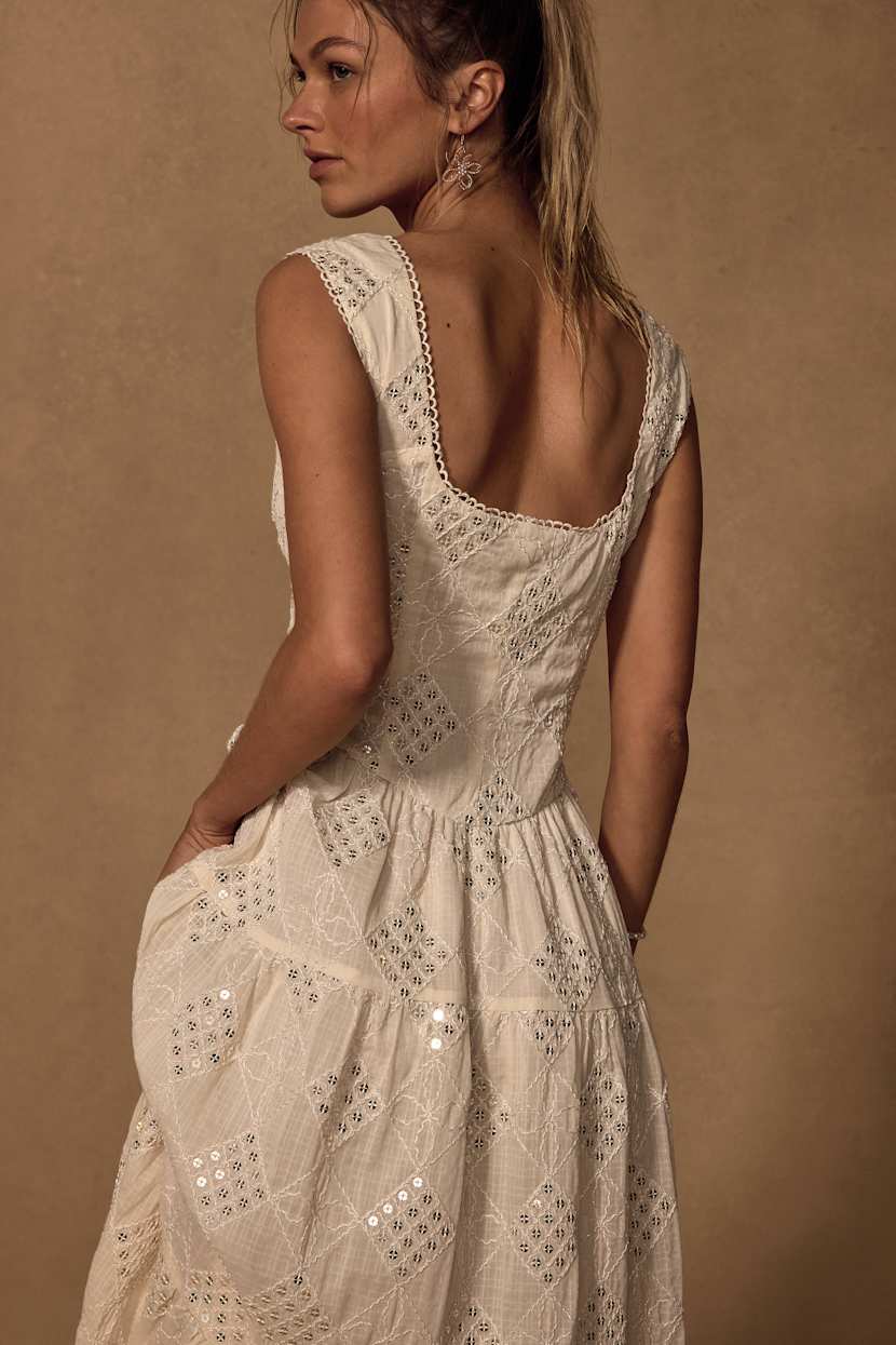 sachin and babi light blue dress Cream Embroidered Dress - Tiered Midi Dress - Button-Front Dress