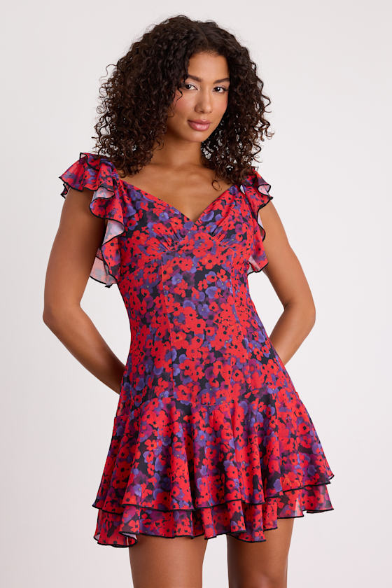 Maulana Red and Black Floral Flutter Sleeve Mini Dress 1