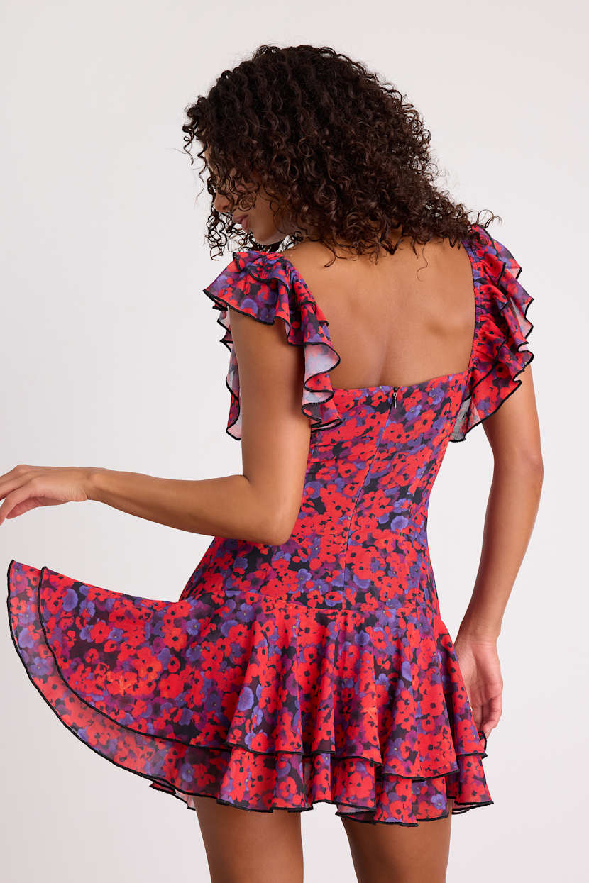 blue dress black flowers Evilia Mini Dress in Light Blue Black Botanist Flocking