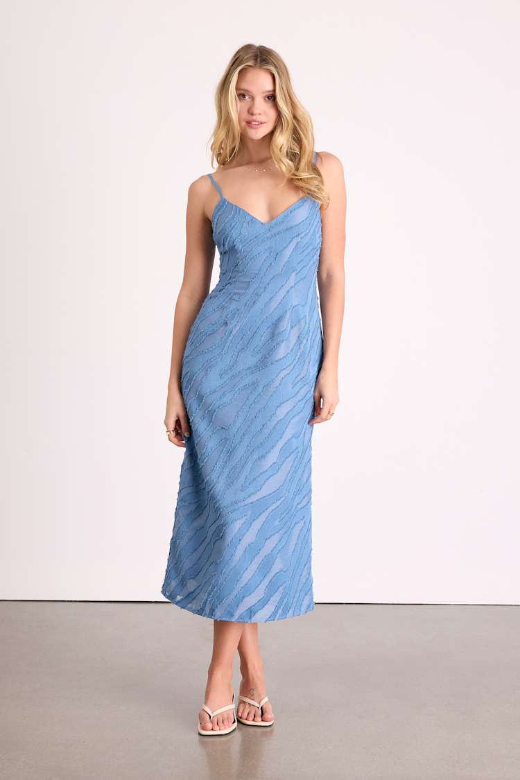 Slate Blue Midi Dress - Textured Burnout Dress - V-Neck Slip Midi - Lulus