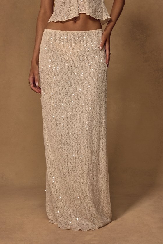 Malita Cream Crochet Sequin Low-Rise Maxi Skirt 2