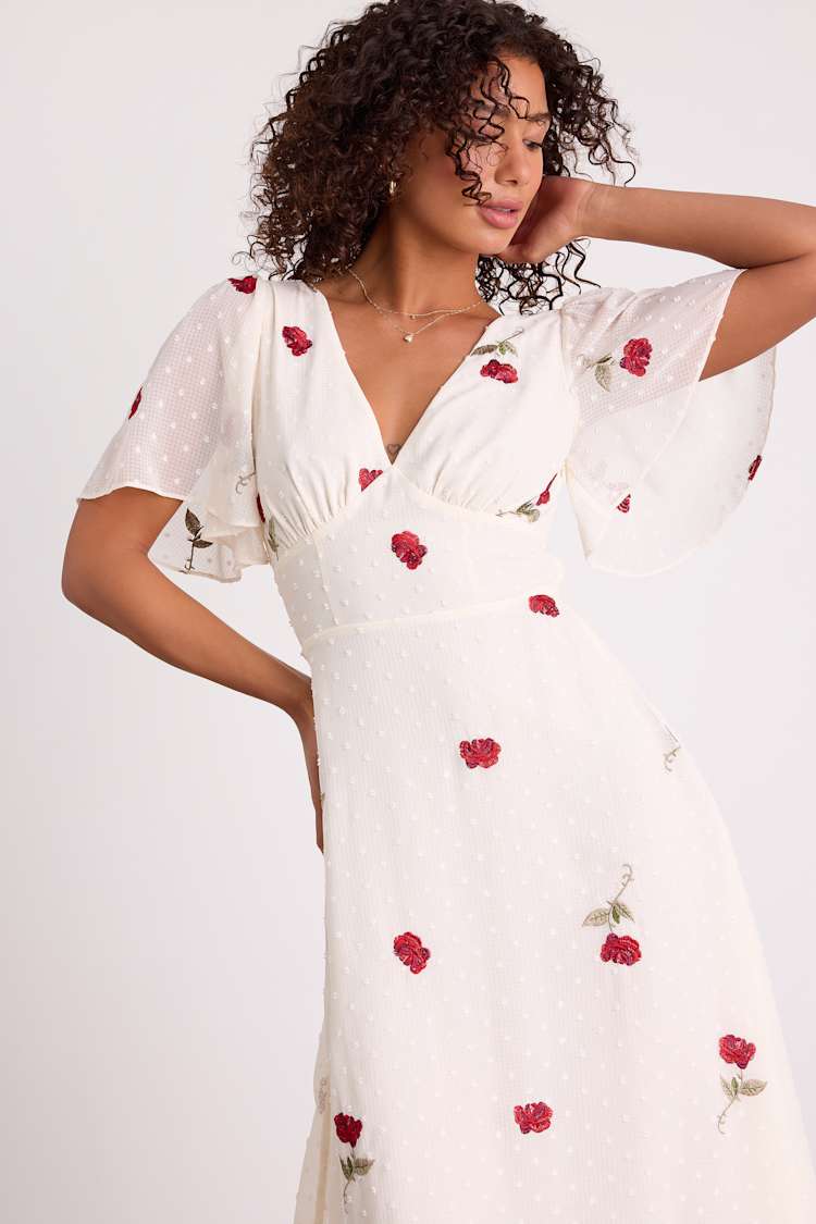 White Embroidered Swiss Dot Flutter Sleeve Midi Dress | Womens | X-Small (Available in S, M, L) | 100% Polyester | Lulus White Embroidered Swiss Dot Flutter Sleeve Midi Dress | Womens | X-Small (Available in S, M, L) | 100% Polyester | Lulus