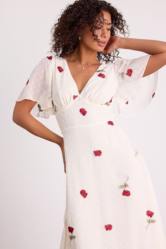 Jolina White Embroidered Swiss Dot Flutter Sleeve Midi Dress 3