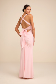 Cazy Light Pink Jersey Knit Twist-Front Maxi Dress 1