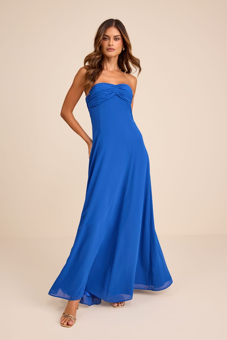 knee length dresses for ladies Royal Blue Strapless Ruffles Sleeveless Long Prom Dress with Slit main image 1
