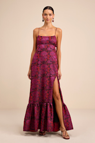 Jasiel Burgundy Jacquard Lace-Up Tiered Maxi Dress 1