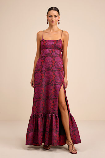 Jasiel Burgundy Jacquard Lace-Up Tiered Maxi Dress 1