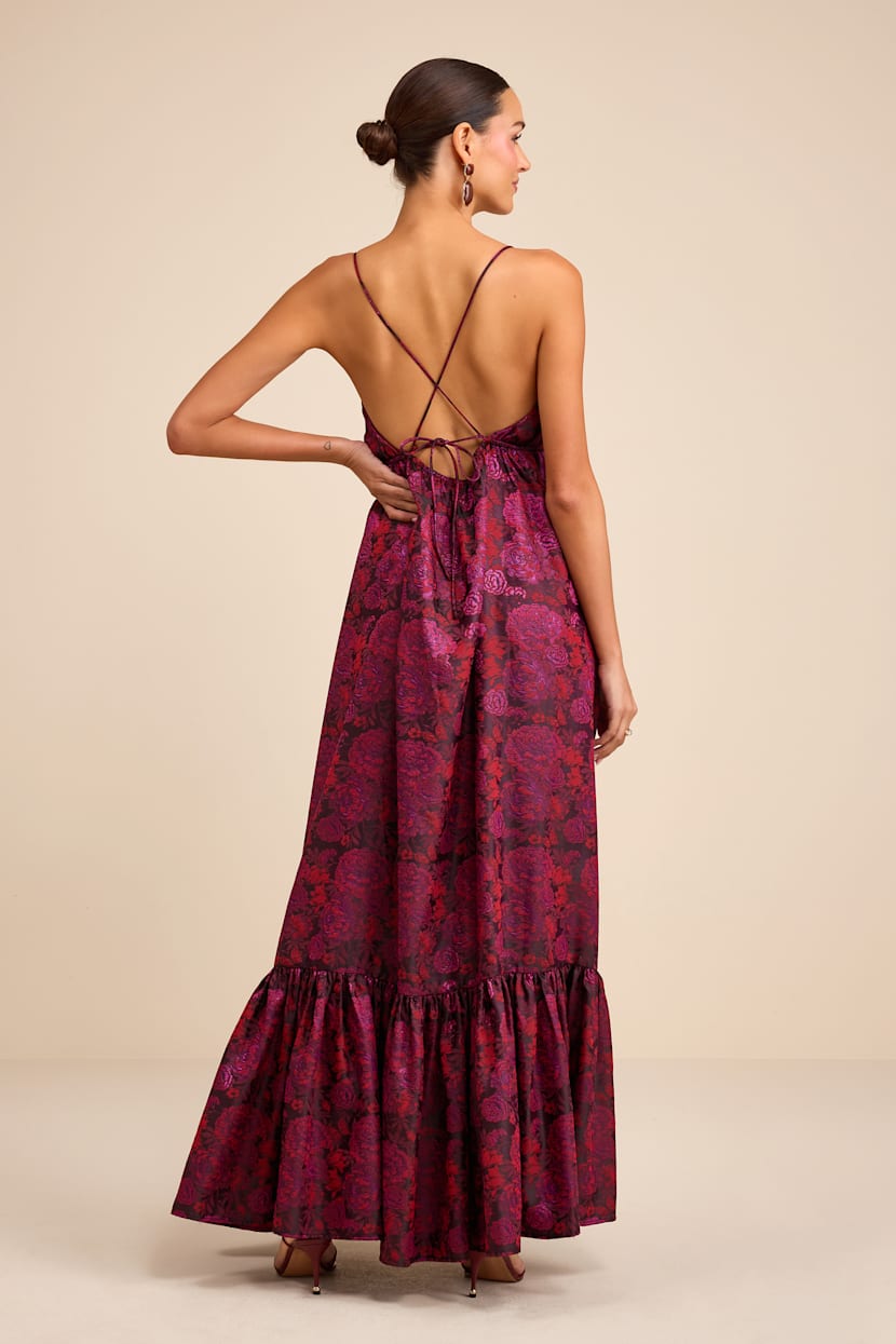 Lulus | Burgundy Jacquard Lace-Up Tiered Maxi Dress | Womens | X-Small (Available in S) | 100% Polyester