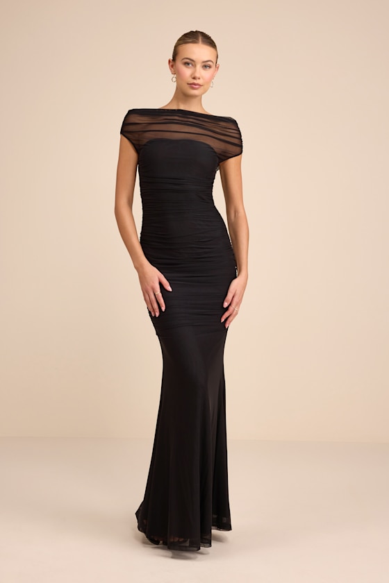 Image of Sunama Black Mesh Ruched Mermaid Maxi Dress