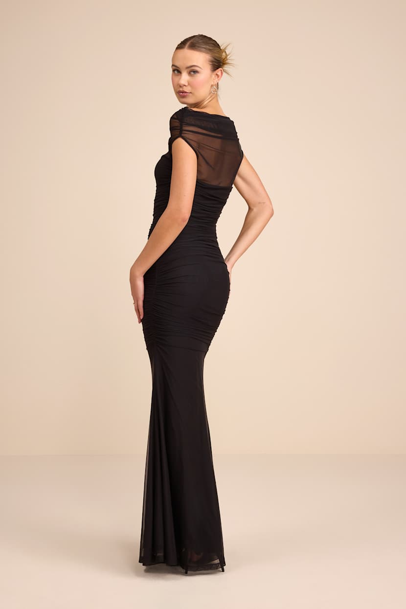 Black Maxi Dress - Mesh Ruched Dress - Short Sleeve Maxi Dress - Lulus