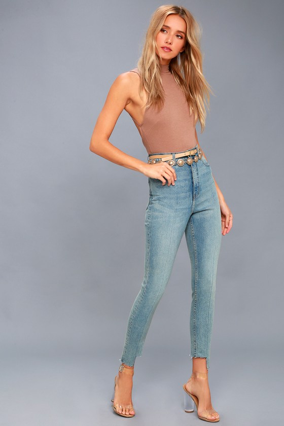 mid blue high waisted skinny jeans