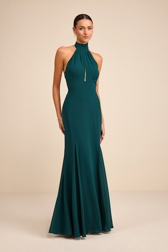 slim fit dress slacks Mac Duggal Halter Neck Flower Detail Ruffled Midi Dress