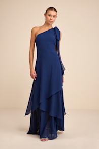 Camellia Dark Blue One-Shoulder Bow Maxi Dress 1