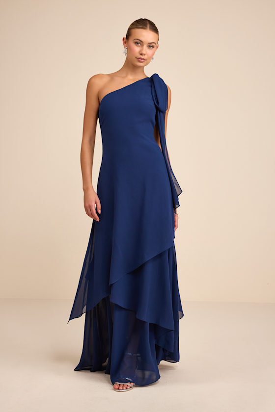 Camellia Dark Blue One-Shoulder Bow Maxi Dress 1