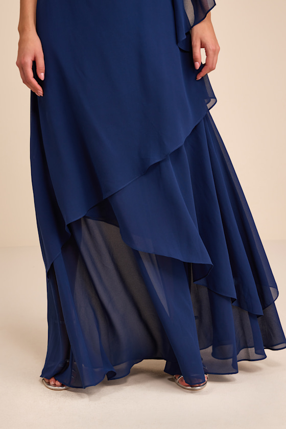 Camellia Dark Blue One-Shoulder Bow Maxi Dress 2