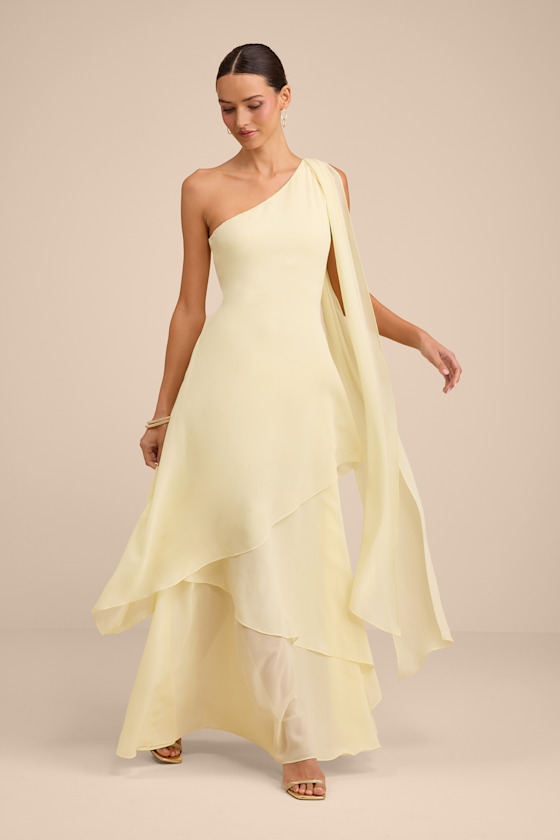 Image of Camellia Light Yellow One-Shoulder Bow Maxi Dress