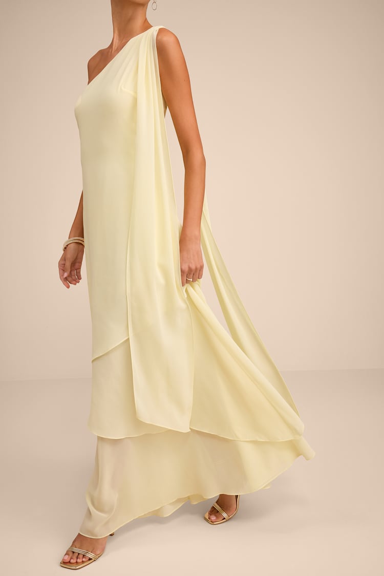 Lulus | Light Yellow One-Shoulder Bow Maxi Dress | Womens | X-Small (Available in S, M) | 100% Polyester