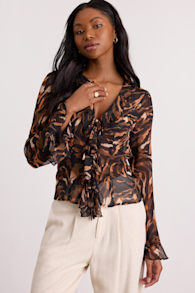 Aminata Black and Orange Animal Print Ruffled Top 1