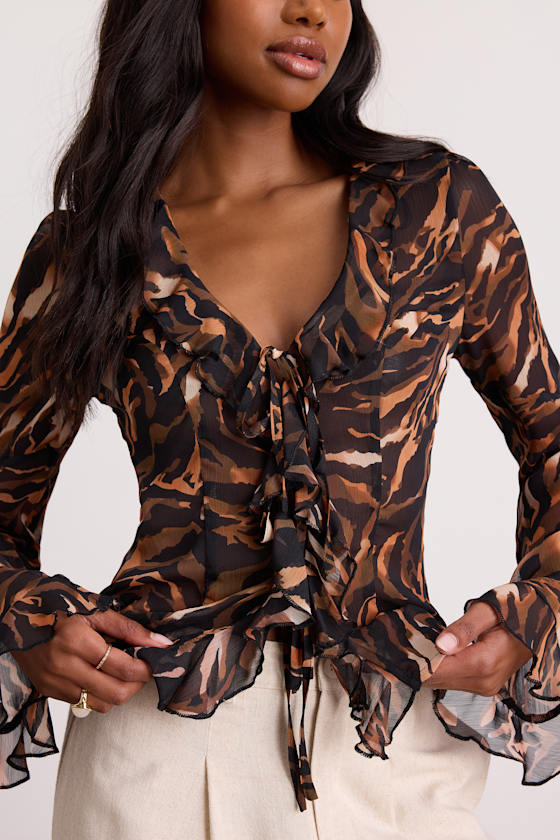 Aminata Black and Orange Animal Print Ruffled Top 2