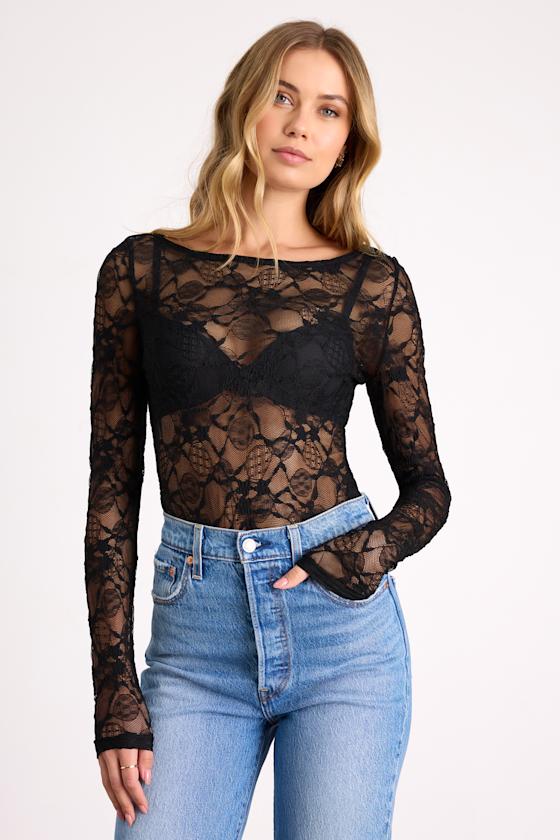 Hunter Black Sheer Lace Long Sleeve Top