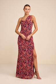 Vienta Magenta Floral Chiffon Asymmetrical Maxi Dress 1