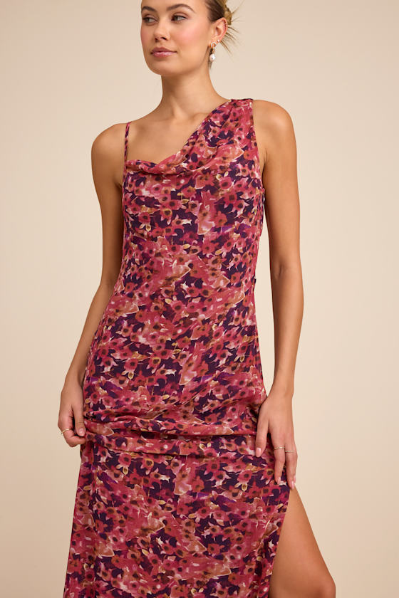 Magenta Floral Dress - Asymmetrical Maxi Dress - Column Dress - Image 2
