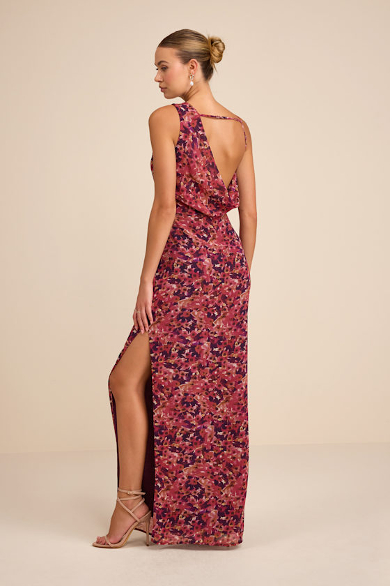 Magenta Floral Dress - Asymmetrical Maxi Dress - Column Dress - Image 3