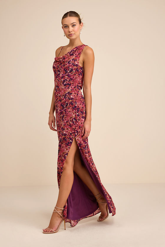 Magenta Floral Dress - Asymmetrical Maxi Dress - Column Dress - Image 4