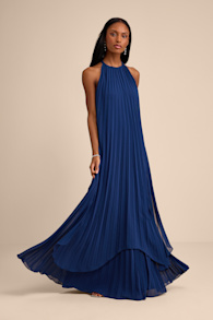 Dorala Dark Blue Pleated Lace-Up Tiered Maxi Dress 1